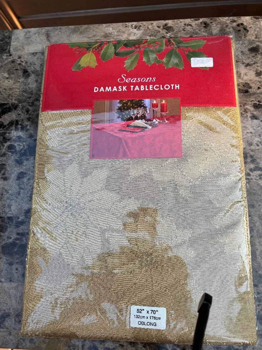 Damask Gold Oblong Holiday Poinsettia Tablecloth 52 x 70 inches